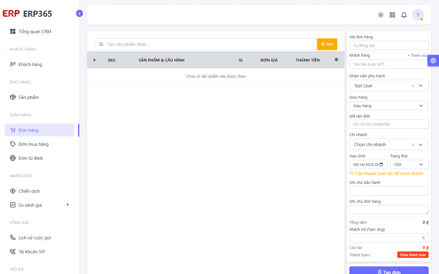 Biểu mẫu lên Sale Order
